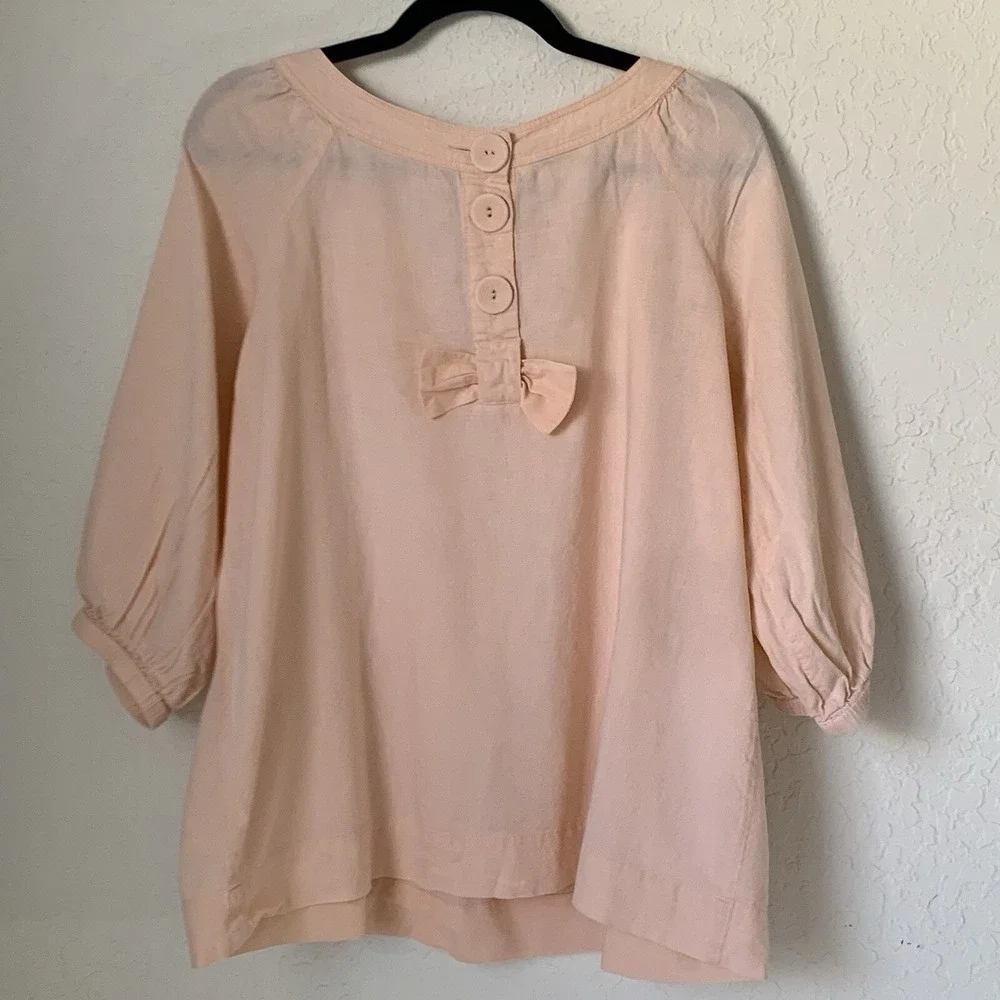 Sandro Shirt Women L Pink Peach Bow‎ Linen Beach Coastal Lagenlook Preppy Resort